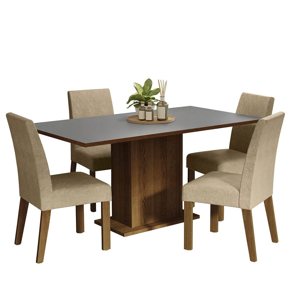 Combo Comedor y Sillas Keila Marron y Gris 160x79cm Cuadrado de Cuatro Puestos con Cuatro Sillas - COMEDORES | Bylmo
