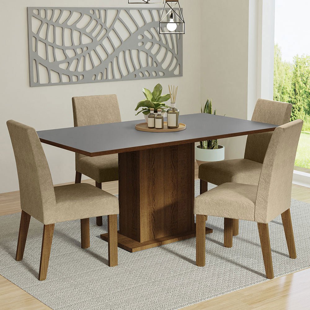 Combo Comedor y Sillas Keila Marron y Gris 160x79cm Cuadrado de Cuatro Puestos con Cuatro Sillas - COMEDORES | Bylmo