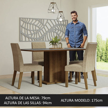 Combo Comedor y Sillas Keila Marron y Gris 160x79cm Cuadrado de Cuatro Puestos con Cuatro Sillas - COMEDORES | Bylmo