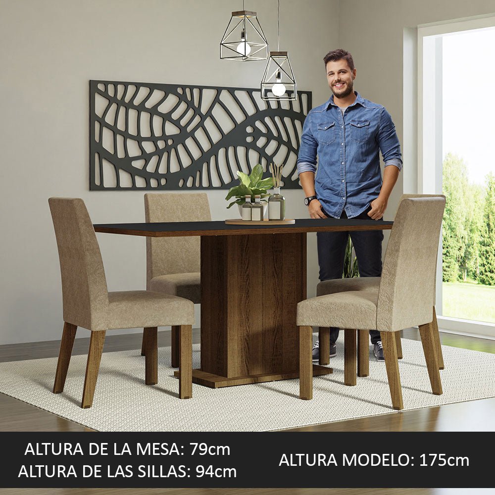 Combo Comedor y Sillas Keila Marron y Negro 160x79cm Cuadrado de Cuatro Puestos con Cuatro Sillas - COMEDORES | Bylmo