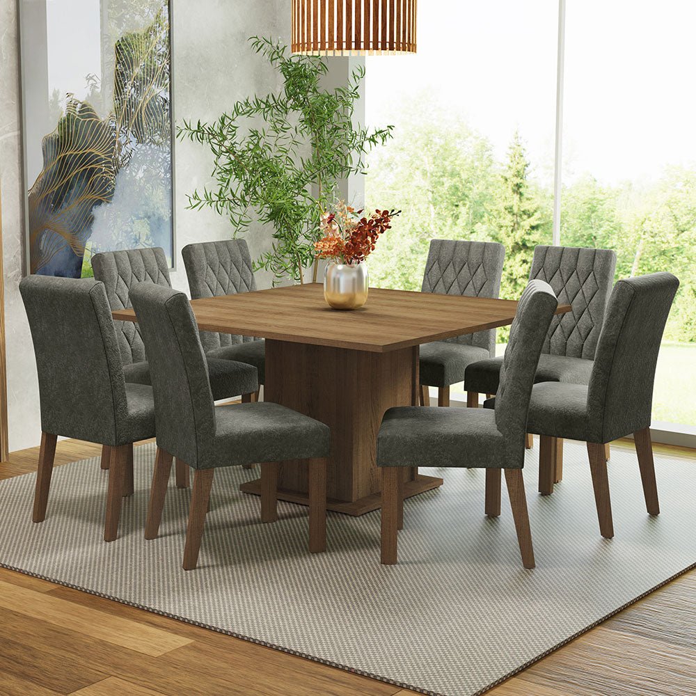 Combo Comedor y Sillas Leila Marron con Plata y Plata 136x77cm Cuadrado de Ocho Puestos con Ocho Sillas - COMEDORES | Bylmo