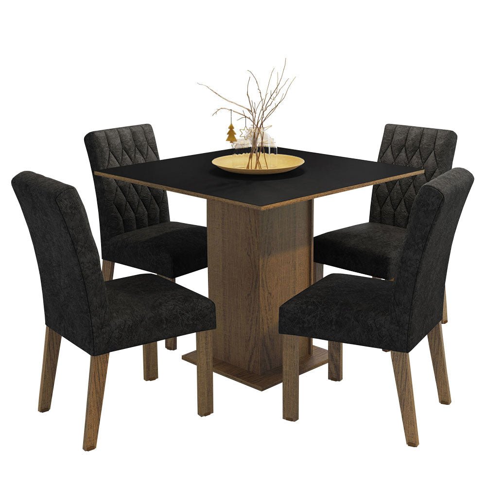 Combo Comedor y Sillas Livia Marron y Negro Oxford 90x78cm Cuadrado de Cuatro Puestos con Cuatro Sillas - COMEDORES | Bylmo