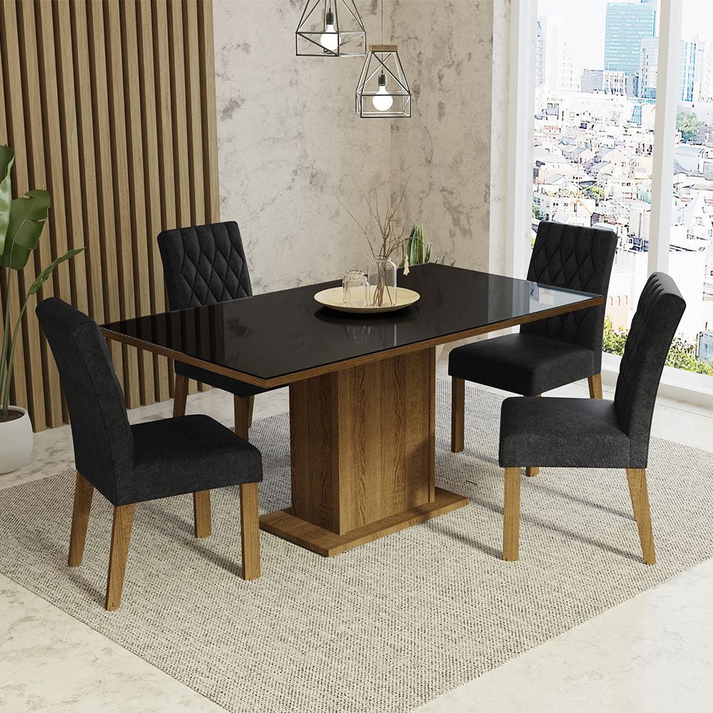 Combo Comedor y Sillas Marilia Marron y Negro Oxford 160x80cm Cuadrado de Cuatro Puestos con Cuatro Sillas - COMEDORES | Bylmo