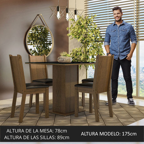Combo Comedor y Sillas Perla Marron y Negro 90x78cm Cuadrado de Cuatro Puestos con Cuatro Sillas - COMEDORES | Bylmo