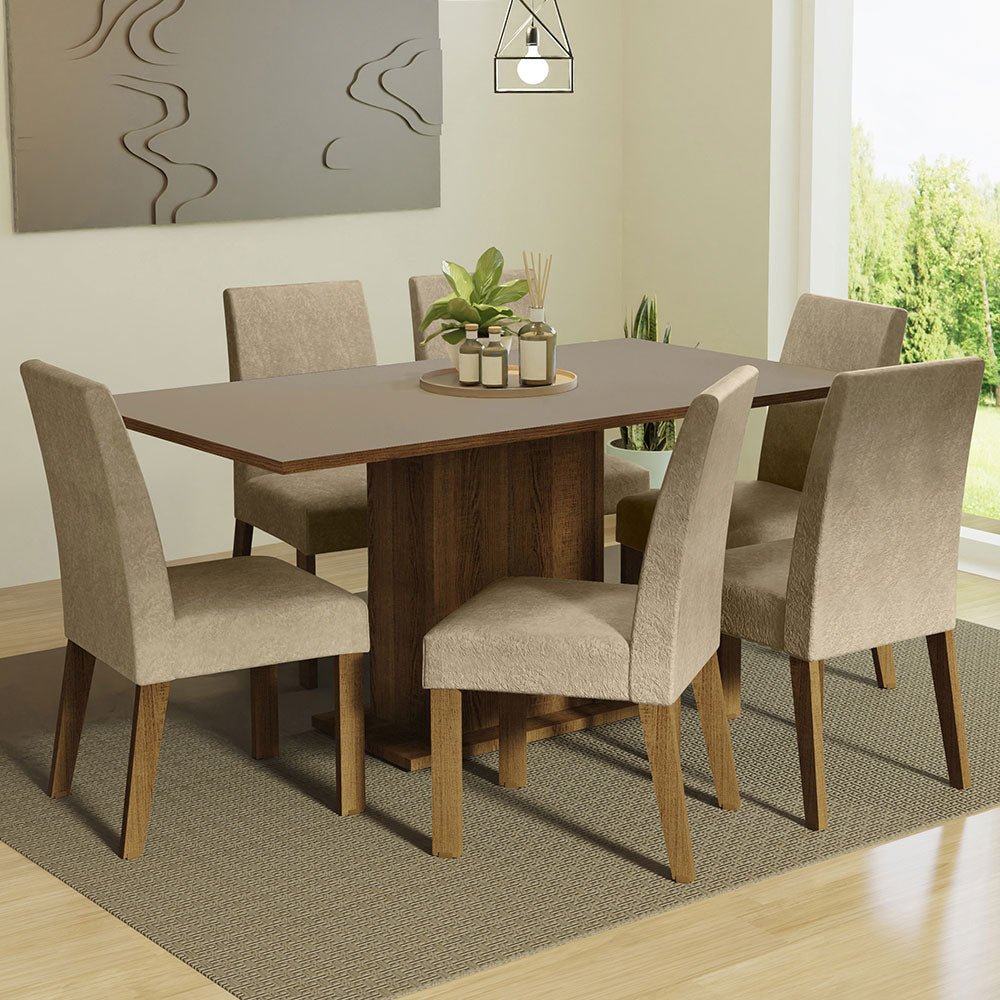 Combo Comedor y Sillas Renata Marron y Crema 160x79cm Cuadrado de Seis Puestos con Seis Sillas - COMEDORES | Bylmo