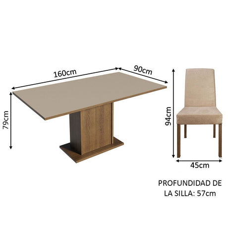 Combo Comedor y Sillas Renata Marron y Crema 160x79cm Cuadrado de Seis Puestos con Seis Sillas - COMEDORES | Bylmo