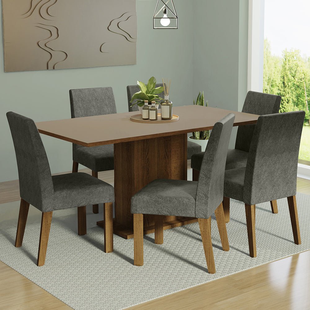 Combo Comedor y Sillas Renata Marron con Crema y Plata 160x79cm Cuadrado de Seis Puestos con Seis Sillas - COMEDORES | Bylmo