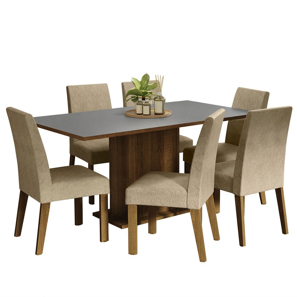 Combo Comedor y Sillas Renata Marron y Gris 160x79cm Cuadrado de Seis Puestos con Seis Sillas - COMEDORES | Bylmo