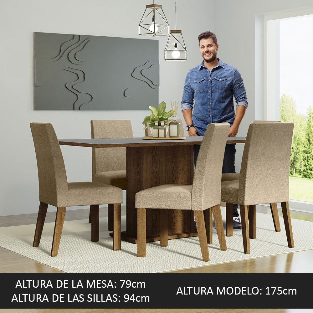 Combo Comedor y Sillas Renata Marron y Gris 160x79cm Cuadrado de Seis Puestos con Seis Sillas - COMEDORES | Bylmo