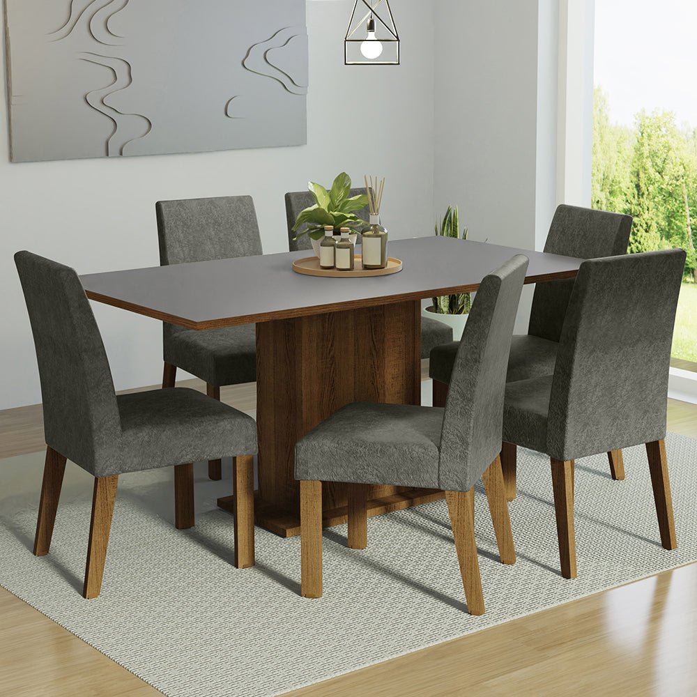 Combo Comedor y Sillas Renata Marron con Gris y Plata 160x79cm Cuadrado de Seis Puestos con Seis Sillas - COMEDORES | Bylmo