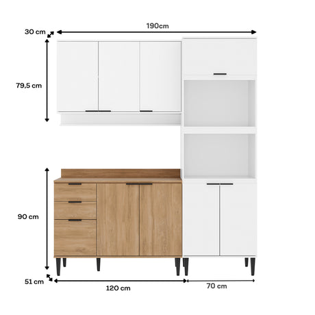 Cocina Integral Alpha Blanco y Freijo 120x80cm Con Mesón y Alacena Blanca Modular - COCINAS | Bylmo
