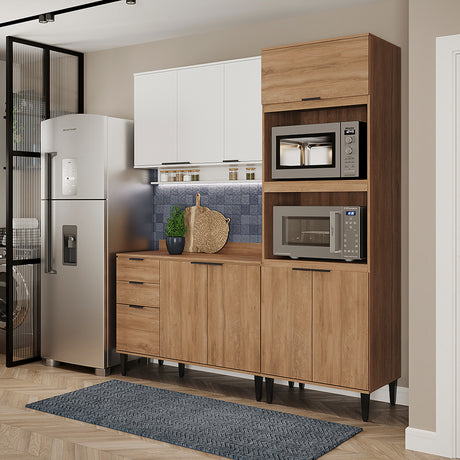 Cocina Integral Alpha Blanco y Freijo 120x80cm Con Mesón y Alacena Freijo Modular - COCINAS | Bylmo