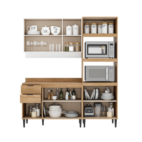 Cocina Integral Alpha Blanco y Freijo 120x80cm Con Mesón y Alacena Freijo Modular - COCINAS | Bylmo