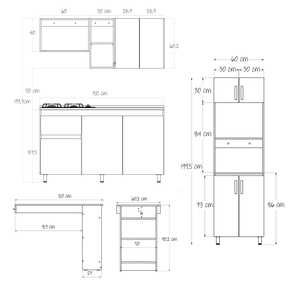 Cocina Integral Rosy Rovere 150x190cm Con Mesón y Con Barra Auxiliar Lado Derecha - COCINAS | Bylmo