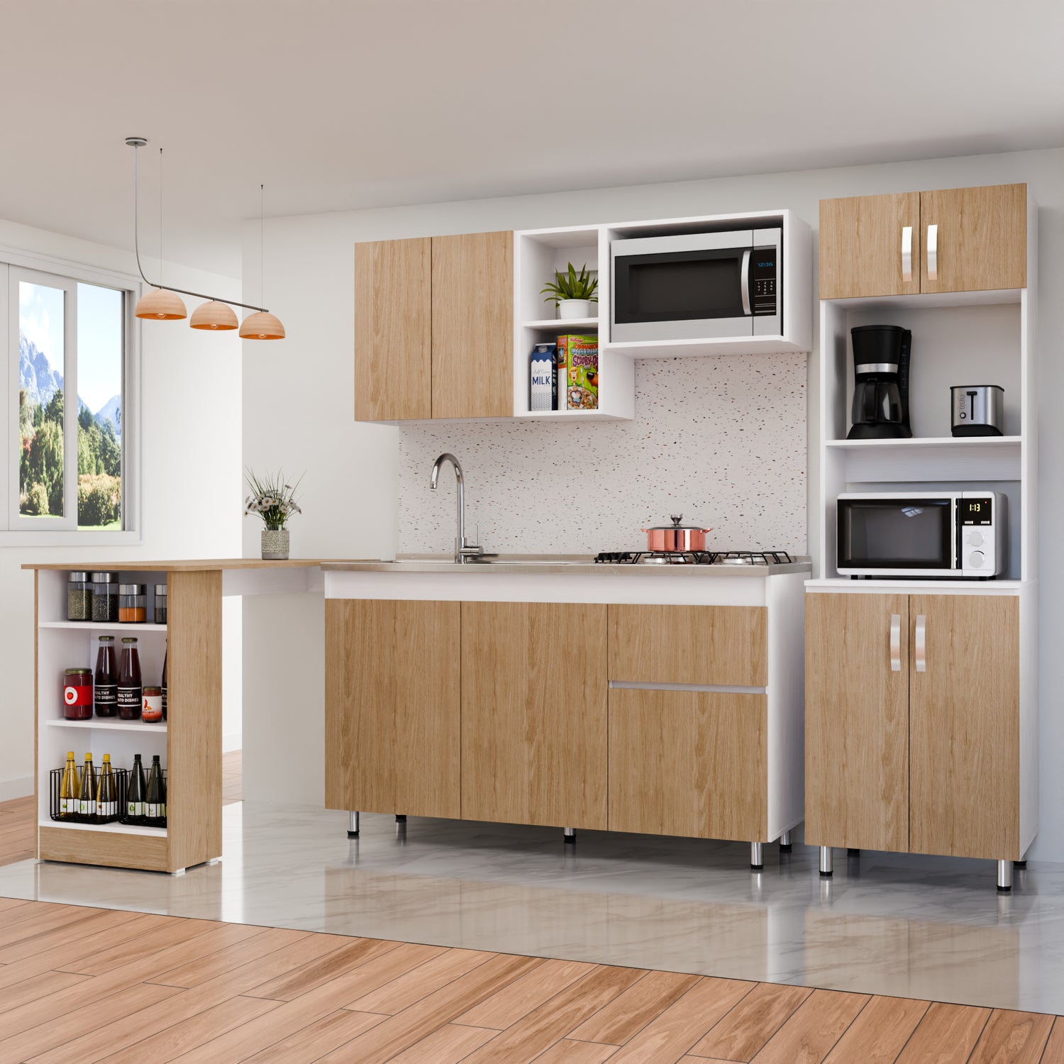 Cocina Integral Rosy Rovere 150x190cm Sin Mesón y con Alacena y