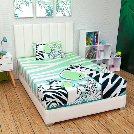 Sábana Infantil Zoo Cebras Blanco y Verde Para Cama Sencilla 100 X 190 Cm - SABANAS | Bylmo