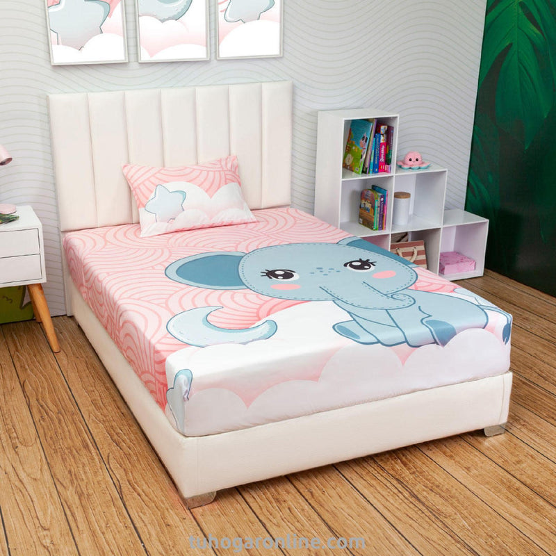 Sábana Infantil Zoo Elefante Y Luna Rosado Para Cama Sencilla 100 X 190 Cm