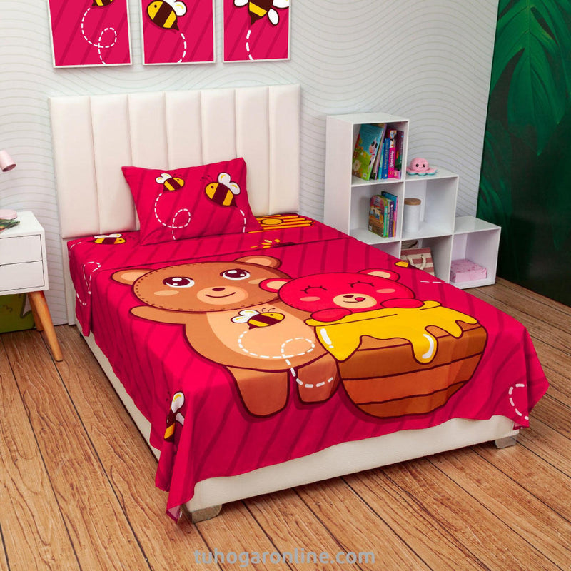 Sábana Infantil Zoo Osos Fucsia Para Cama Sencilla 100 X 190 Cm