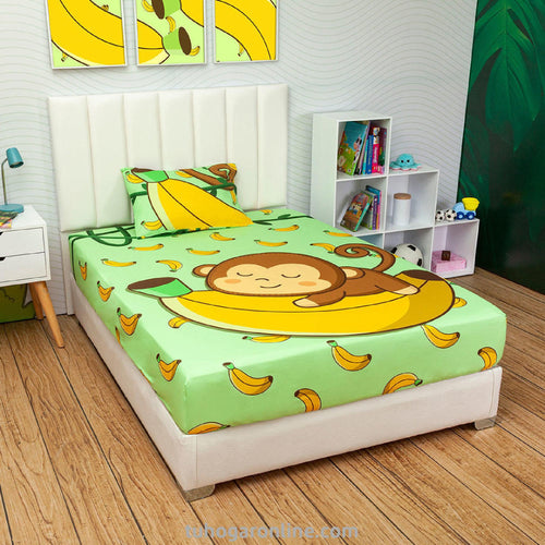 Sábana Infantil Zoo Monos Verde Para Cama Sencilla 100 X 190 Cm