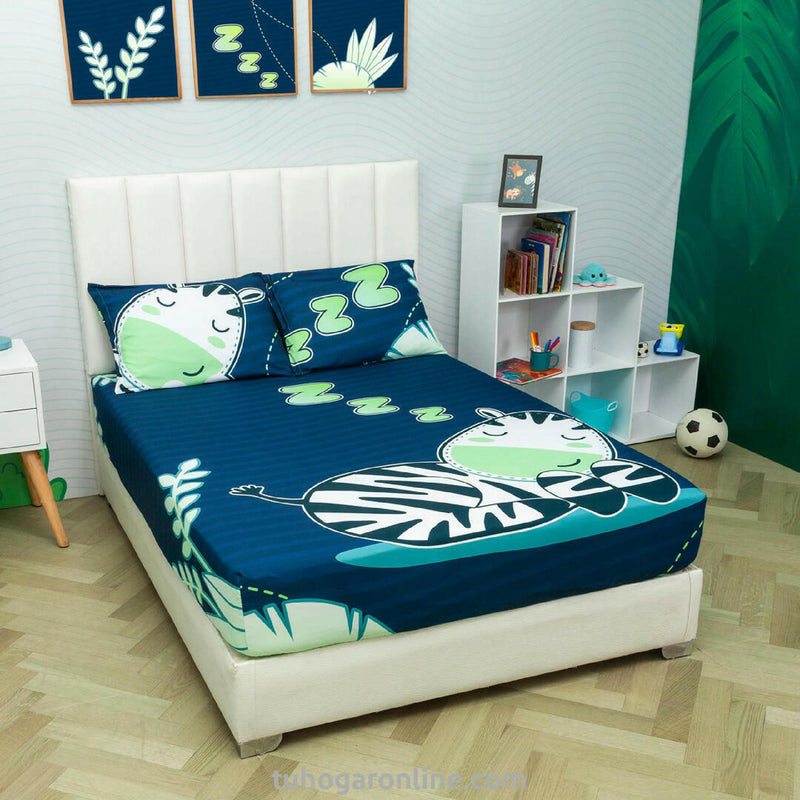 Sábana Infantil Zoo Cebras Azul Oscuro Para Cama Doble 140 X 190 Cm