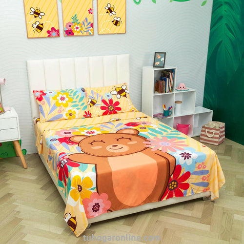 Sábana Infantil Zoo Oso Y Rosas Amarillo Para Cama Sencilla 100 X 190 Cm