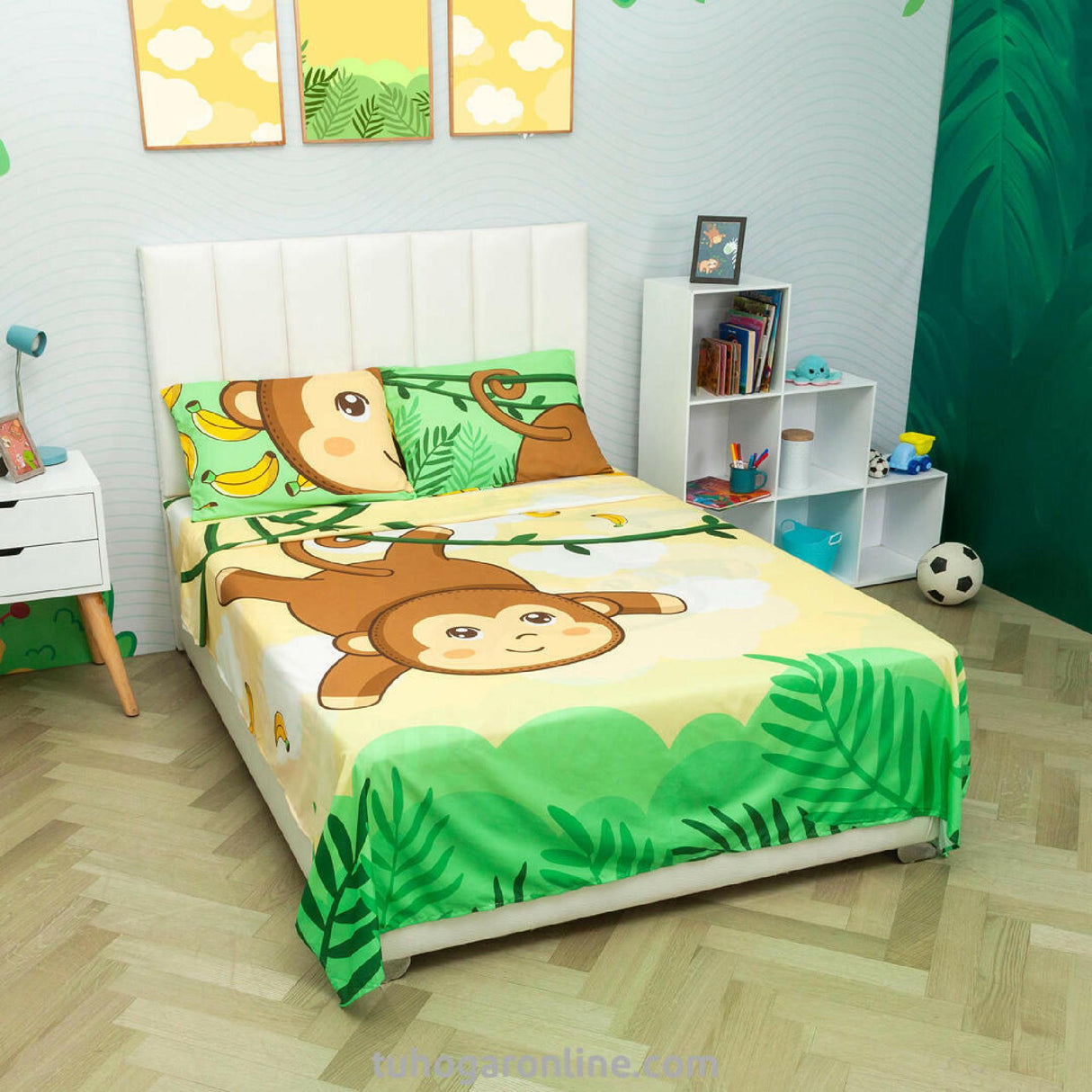 Sábana Infantil Zoo Monos Amarillo Claro y Verde Para Cama Sencilla 100 X 190 Cm - SABANAS | Bylmo