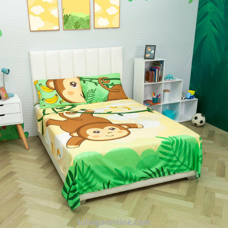 Sábana Infantil Zoo Monos Amarillo Claro Y Verde Para Cama Sencilla 100 X 190 Cm