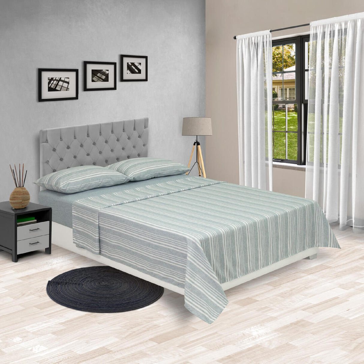 Juego de Sábanas Equilibrio Fondo Entero Gris y Azul Para Cama Queen 160 X 190 Cm - SABANAS | Bylmo