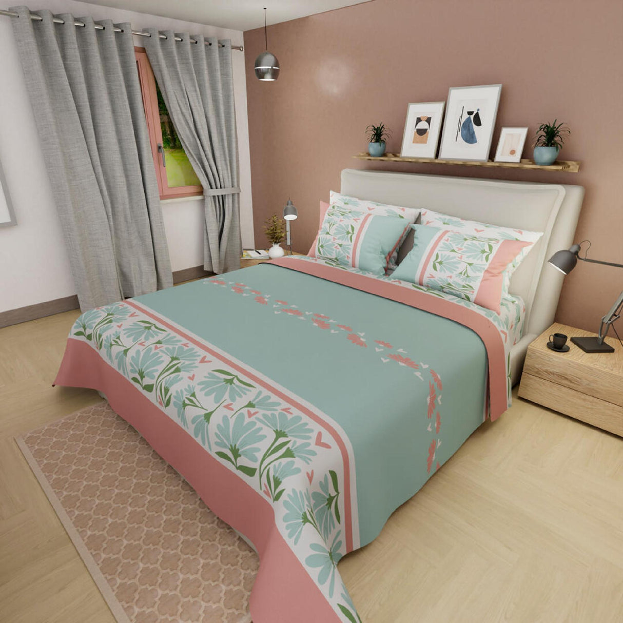 Juego de Sábanas Style Flores Verde y Rosado Para Cama Doble 140 X 190 Cm - SABANAS | Bylmo