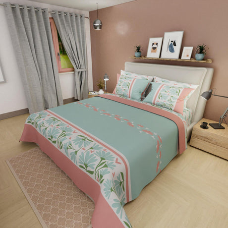 Juego de Sábanas Style Flores Verde y Rosado Para Cama Doble 140 X 190 Cm - SABANAS | Bylmo