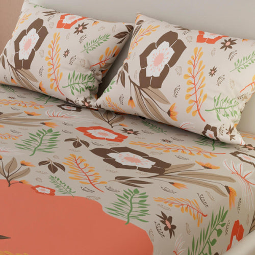 Sábana Ajustable Flores Naranja Y Blanco Para Cama Doble 140 X 190 Cm