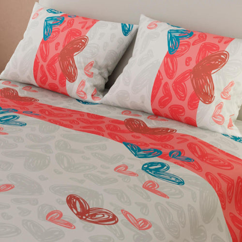 Juego De Sábanas Corazones Gris Y Rojo Para Cama Doble 140 X 190 Cm