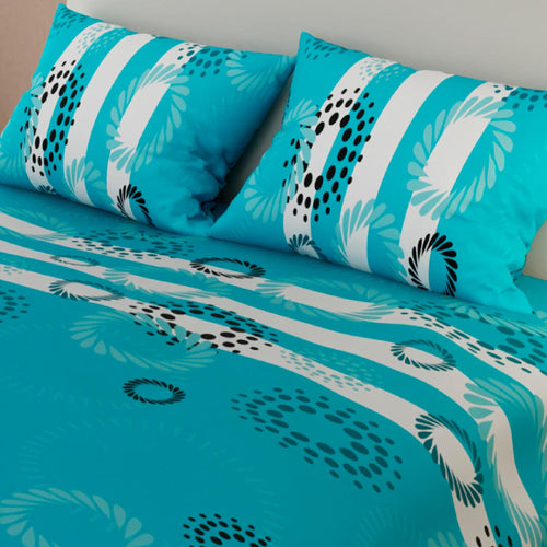 Combo Juego De Sabanas Y Cortina Tropical Azul Para Cama Doble 140 X 190 Cm