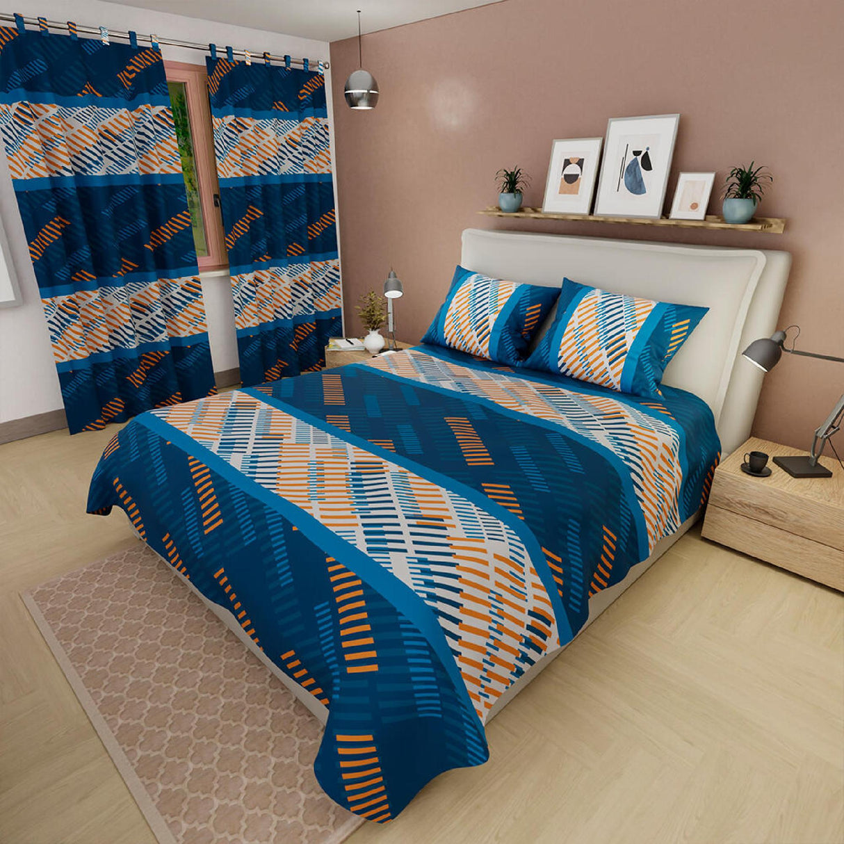 Combo Juego de Sabanas y Cortina Líneas Azul y Blanco Para Cama Doble 140 X 190 Cm - SABANAS | Bylmo
