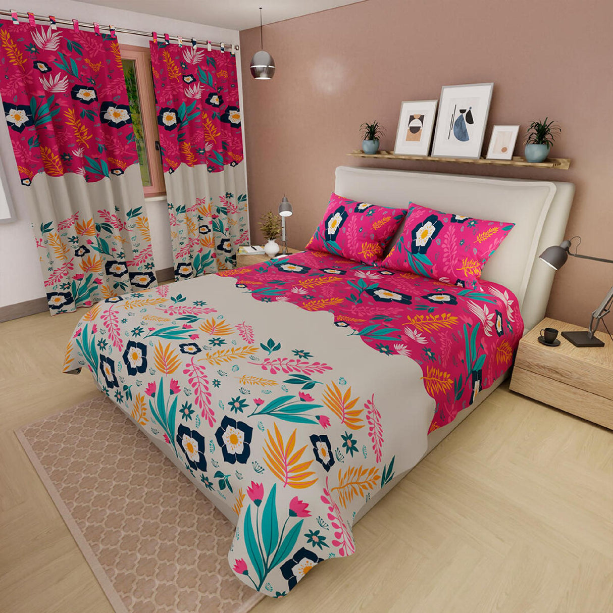 Combo Juego de Sabanas y Cortina Flores Fucsia y Blanco Para Cama Doble 140 X 190 Cm - SABANAS | Bylmo