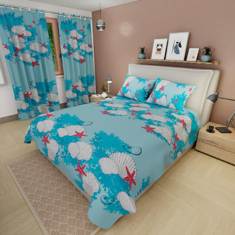 Combo Juego de Sabanas y Cortina Océano Azul Claro Para Cama Doble 140 X 190 Cm - SABANAS | Bylmo