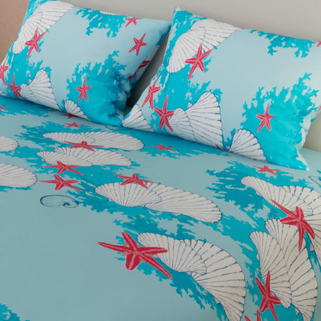 Combo Juego de Sabanas y Cortina Océano Azul Claro Para Cama Doble 140 X 190 Cm - SABANAS | Bylmo