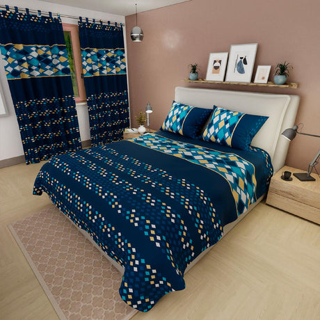 Combo Juego de Sabanas y Cortina Rombos Azul Oscuro Para Cama Doble 140 X 190 Cm - SABANAS | Bylmo