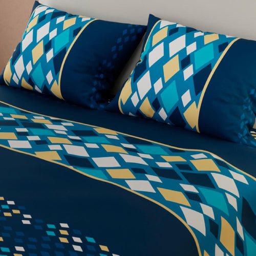 Combo Juego De Sabanas Y Cortina Rombos Azul Oscuro Para Cama Doble 140 X 190 Cm