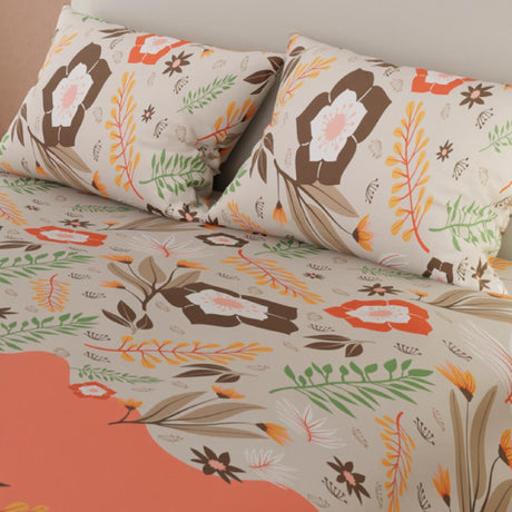 Juego de Sábanas Flores Naranja y Blanco Para Cama Queen 160 X 190 Cm - SABANAS | Bylmo