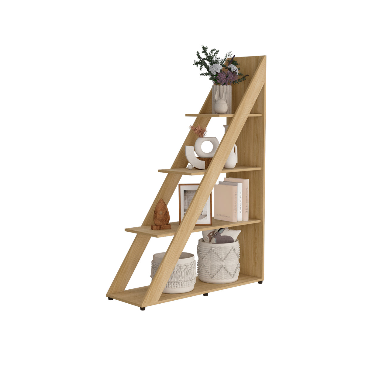 Biblioteca Escalera Lorain Fresno Europeo 105x151cm Con Cuatro Compartimientos - BIBLIOTECAS Y ESTANTERIAS | Bylmo