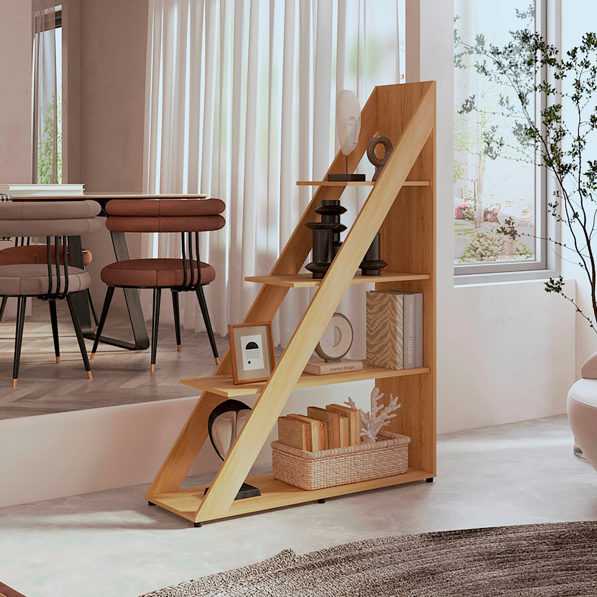 Biblioteca Escalera Lorain Fresno Europeo 105x151cm Con Cuatro Compartimientos - BIBLIOTECAS Y ESTANTERIAS | Bylmo