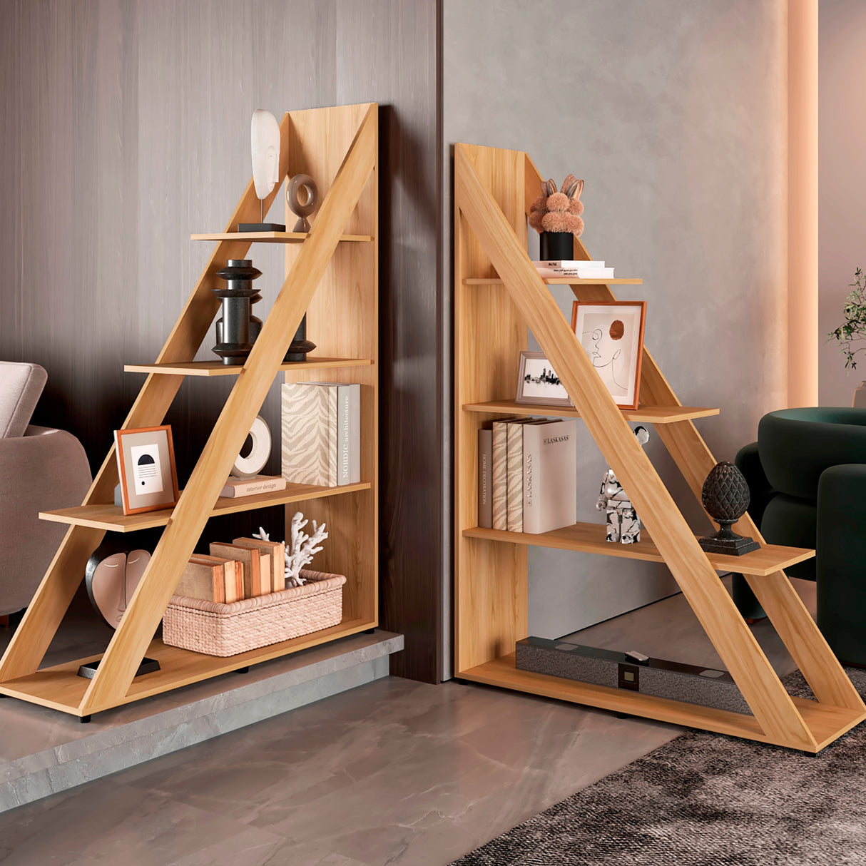 Biblioteca Escalera Lorain Fresno Europeo 105x151cm Con Cuatro Compartimientos - BIBLIOTECAS Y ESTANTERIAS | Bylmo