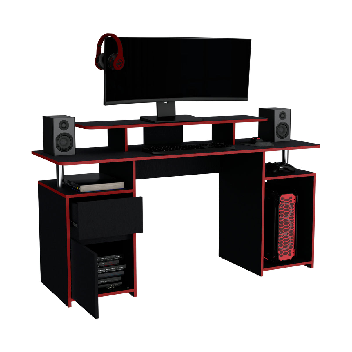 Escritorio Gamer Keria 2.0 Wengue y Rojo 157.1x88.5cm Sin Cajones - ESCRITORIOS | Bylmo