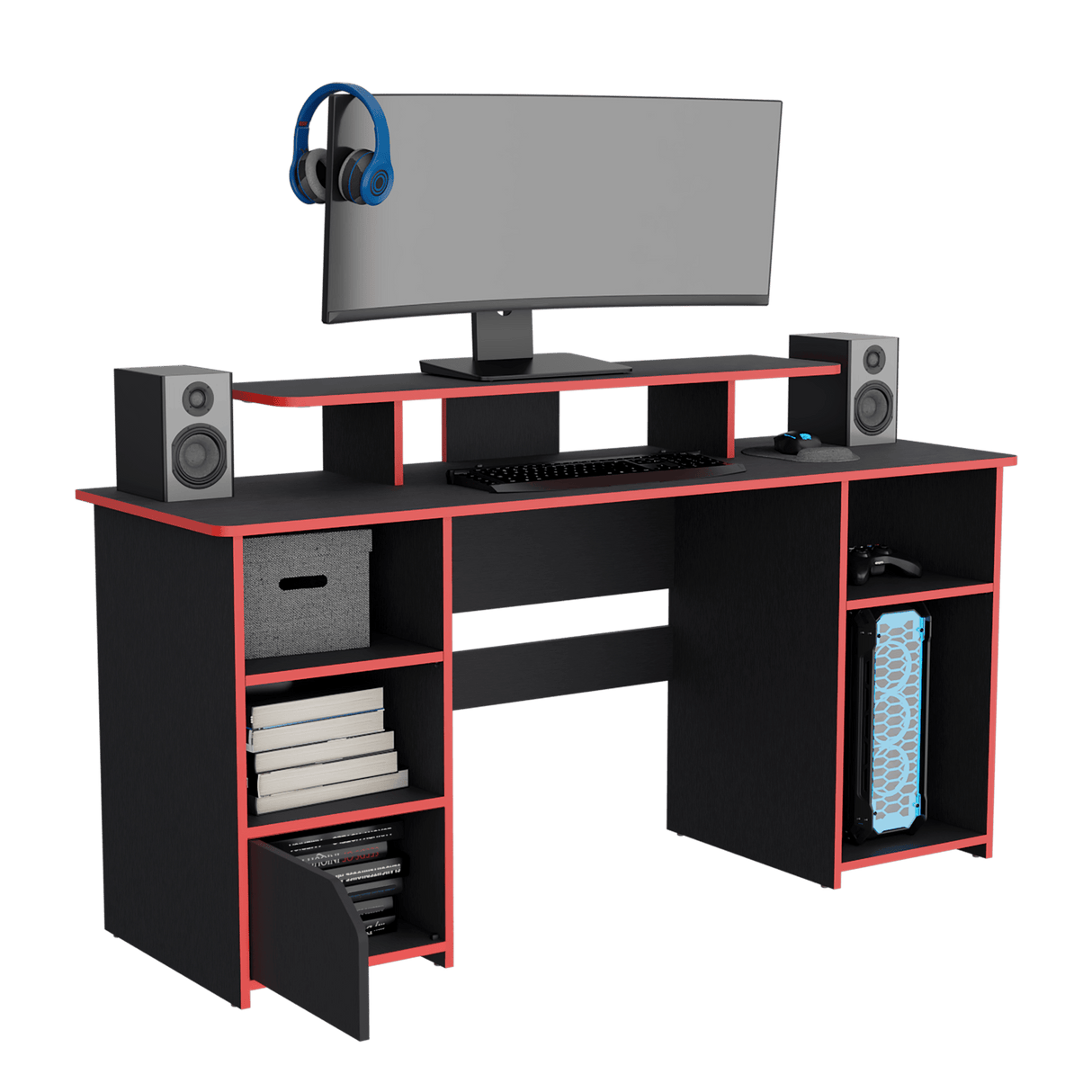 Escritorio Gamer Keria Wengue y Rojo 157.1x88.5cm Sin Cajones - ESCRITORIOS | Bylmo
