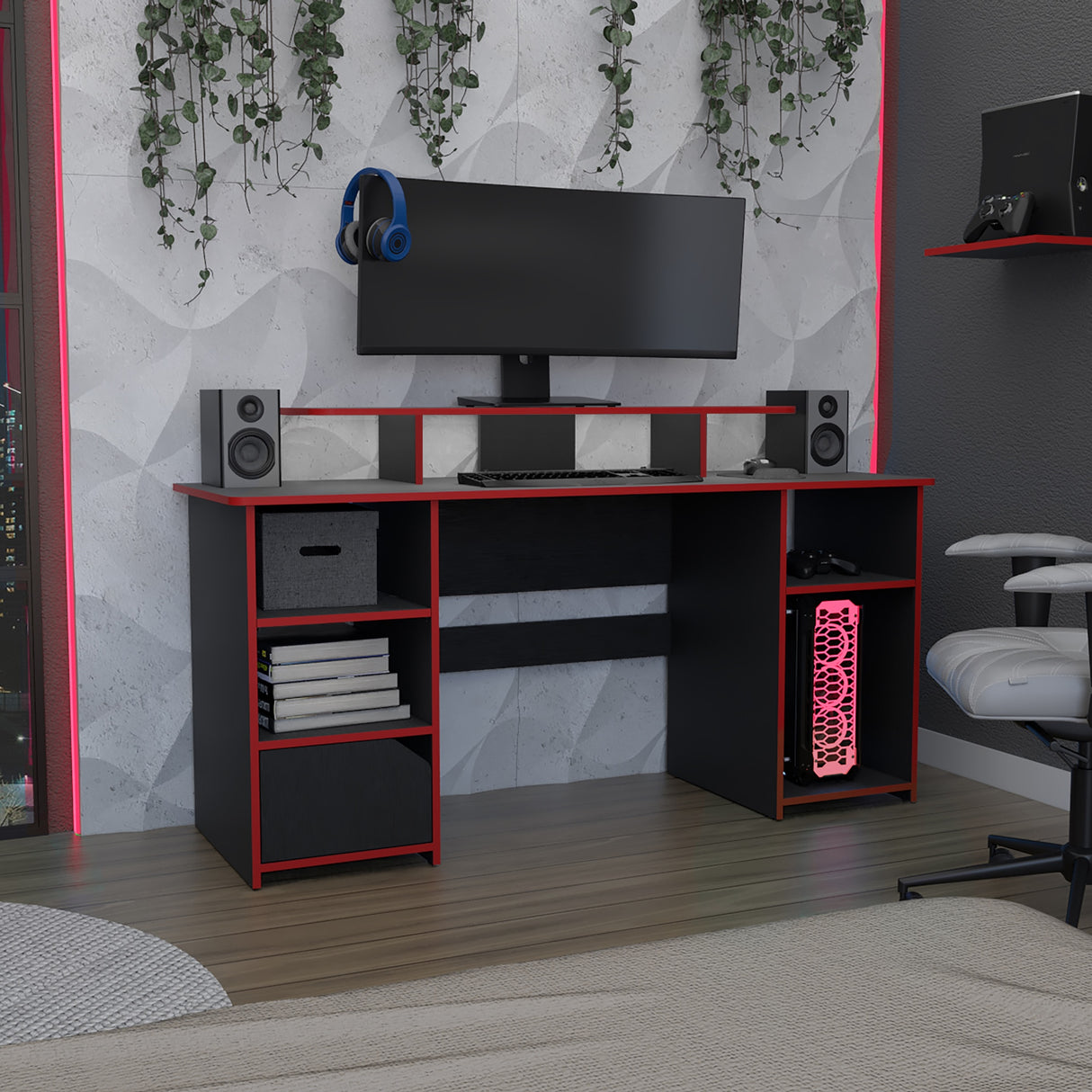 Escritorio Gamer Keria Wengue y Rojo 157.1x88.5cm Sin Cajones - ESCRITORIOS | Bylmo