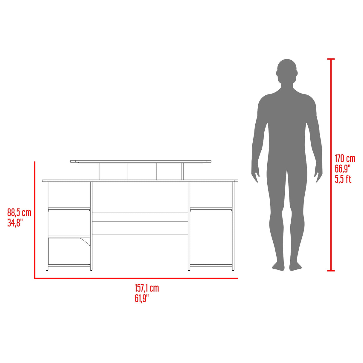 Escritorio Gamer Keria Wengue y Rojo 157.1x88.5cm Sin Cajones - ESCRITORIOS | Bylmo