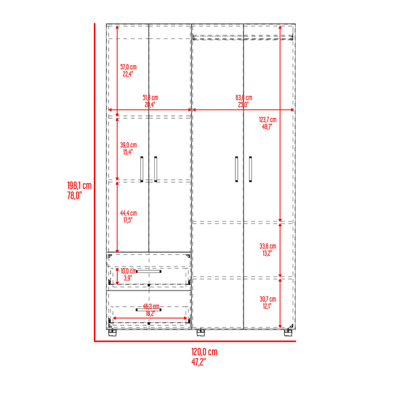 Closet Barilo Fresno Europeo Y Wengue 120x200cm Con Dos Cajones Y Cuatro Entrepaños