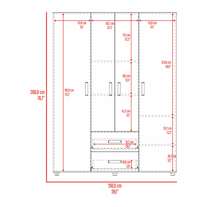 Closet Barilo Fresno Europeo Y Wengue 150x200cm Con Dos Cajones Y Cuatro Entrepaños