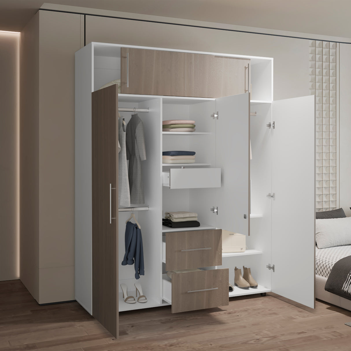 Closet Bigaf Bardolino y Blanco 160x204cm Con Tres Cajones y Cuatro Entrepaños - CLOSETS | Bylmo